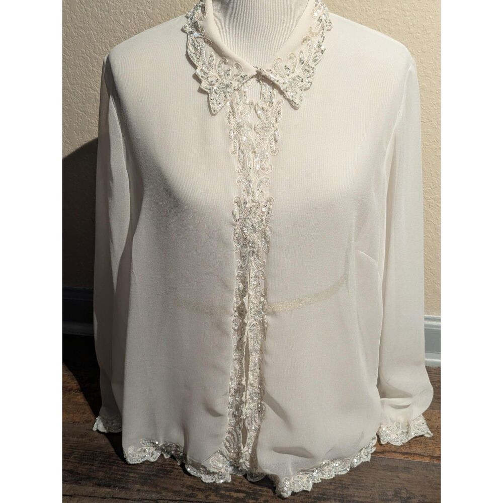 JK ARA Embellished Sheer Blouse - Size 2X (2XL) - Dazzling Silver Sparkle!